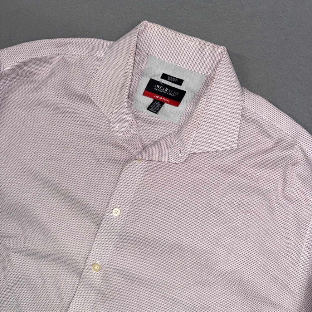 Kenneth Cole Dress Shirt Mens 18.5 34/35 White Burgundy Slim Fit Awear-Tech